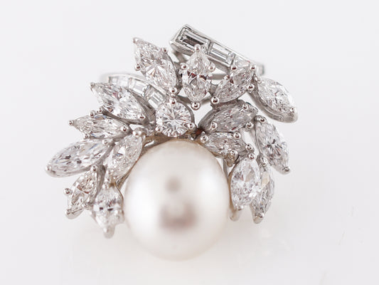 Cocktail Ring Modern Pearl & 4.50 Marquise & Baguette Cut Diamonds in Platinum