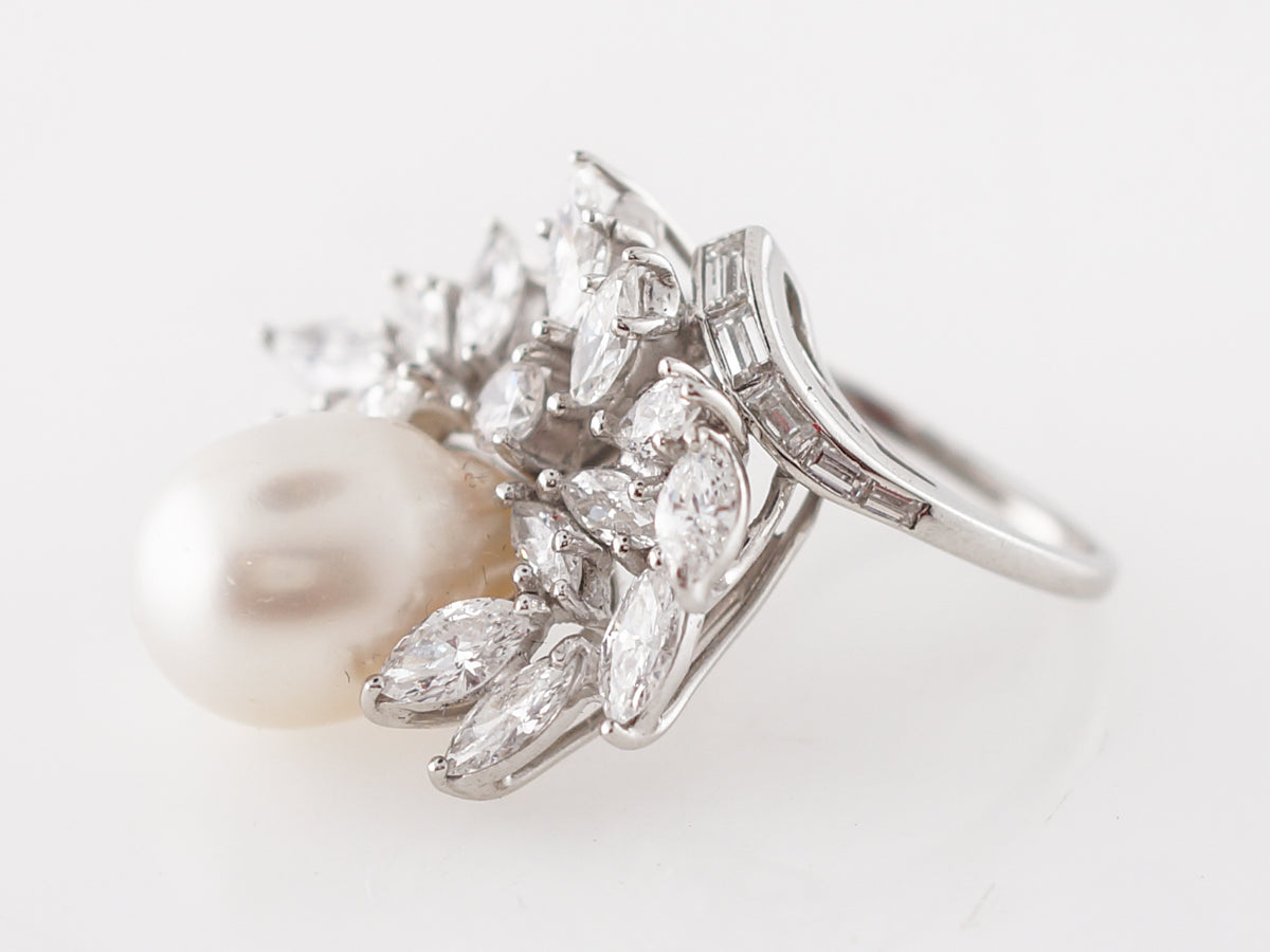 Cocktail Ring Modern Pearl & 4.50 Marquise & Baguette Cut Diamonds in Platinum