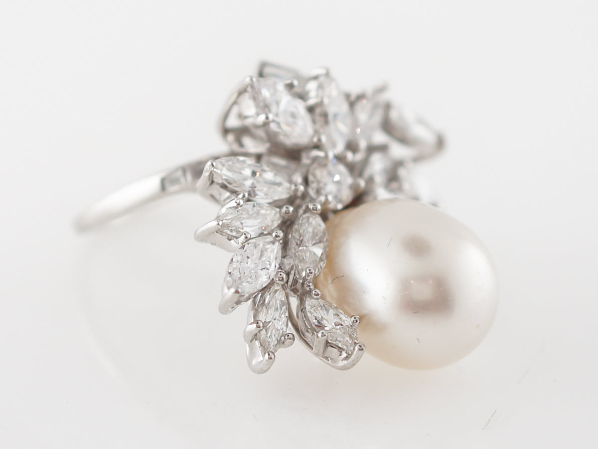 Cocktail Ring Modern Pearl & 4.50 Marquise & Baguette Cut Diamonds in Platinum