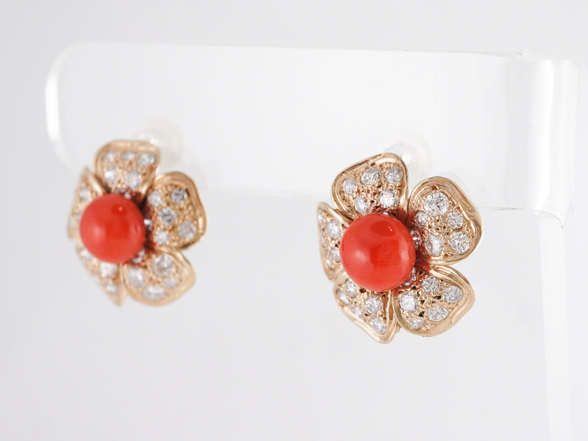 Coral and Diamond Flower Earrings in 14k Yellow Gold