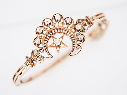 Crescent Moon Bangle Bracelet Victorian .56 Old European Cut Diamonds in 14K Rose Gold