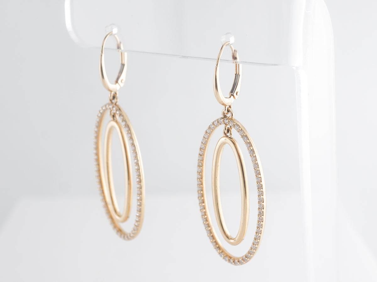 Double Oval Drop Earrings w/ Diamonds in 14k Yellow Gold