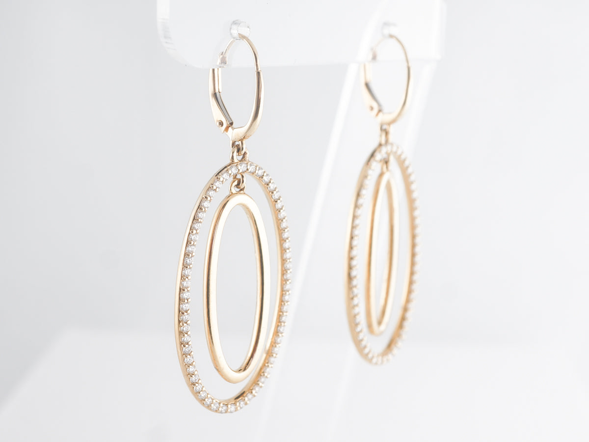 Double Oval Drop Earrings w/ Diamonds in 14k Yellow Gold