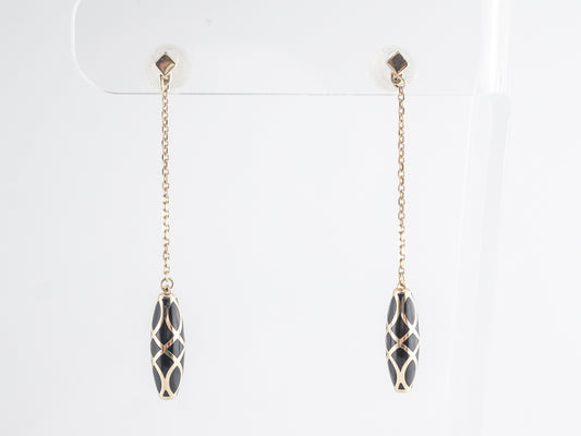 Black Enamel Drop Earrings in 14k Yellow Gold