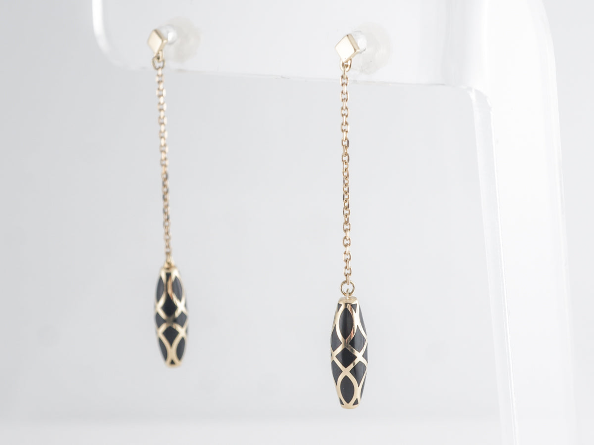 Black Enamel Drop Earrings in 14k Yellow Gold