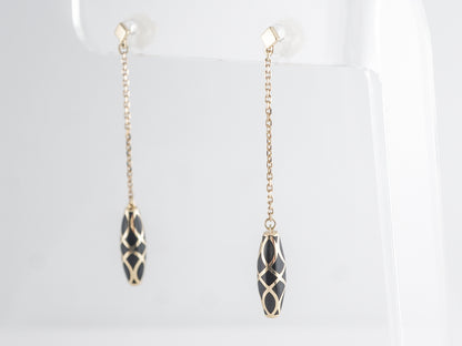 Black Enamel Drop Earrings in 14k Yellow Gold