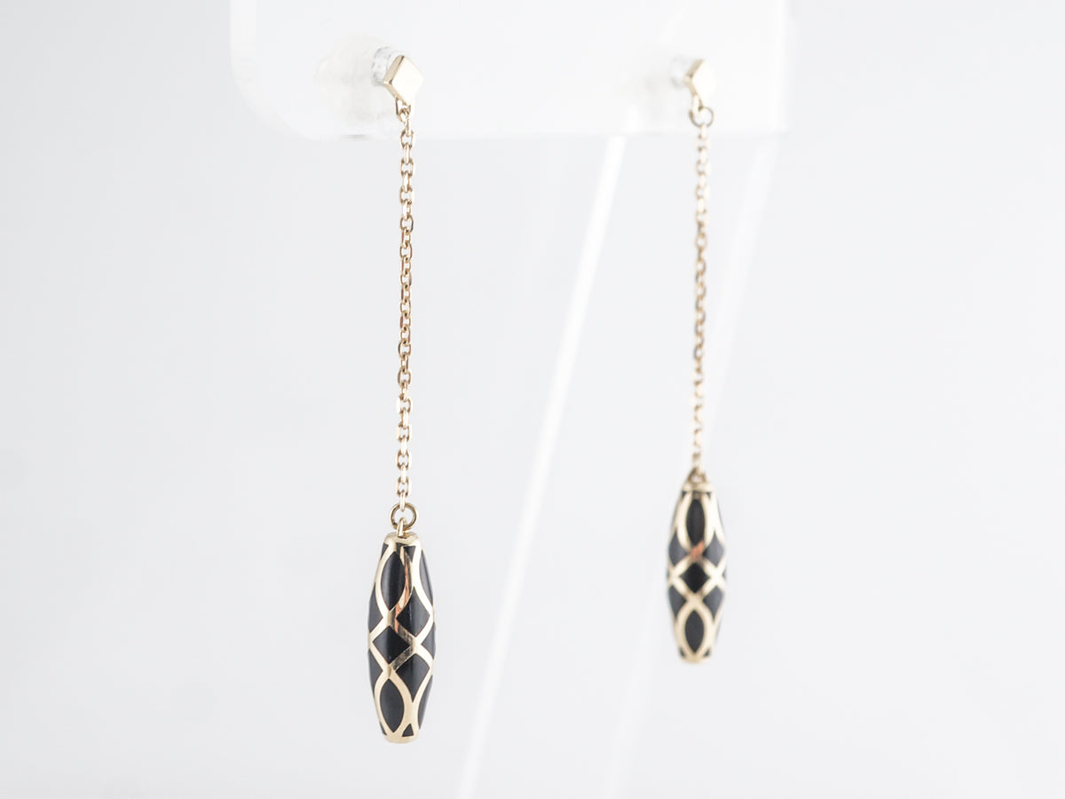 Black Enamel Drop Earrings in 14k Yellow Gold