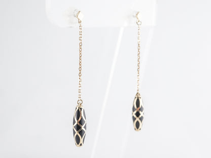 Black Enamel Drop Earrings in 14k Yellow Gold