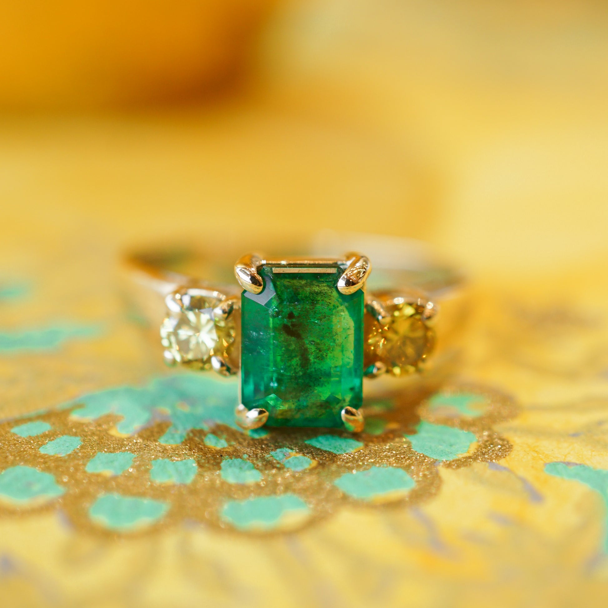 Emerald & Yellow Diamond Ring in 14k Yellow Gold