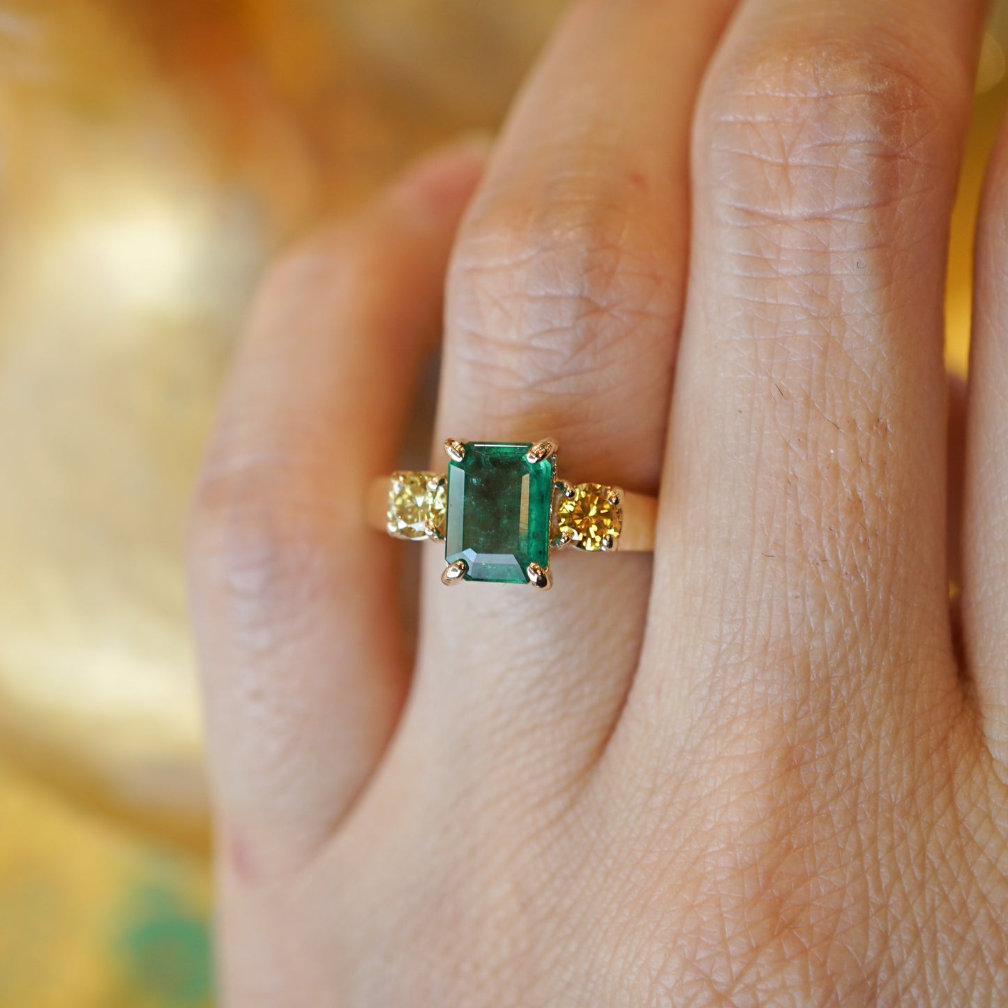 Emerald & Yellow Diamond Ring in 14k Yellow Gold