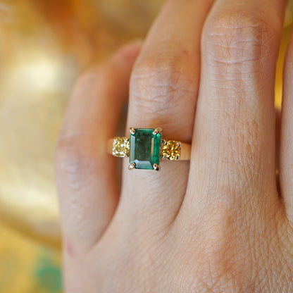 Emerald & Yellow Diamond Ring in 14k Yellow Gold