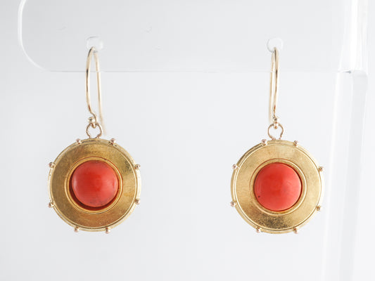 Red Coral Disc Earrings in 14k Yellow Gold