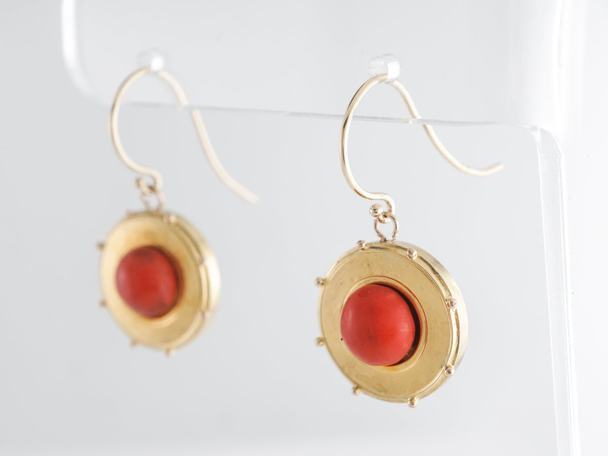 Red Coral Disc Earrings in 14k Yellow Gold