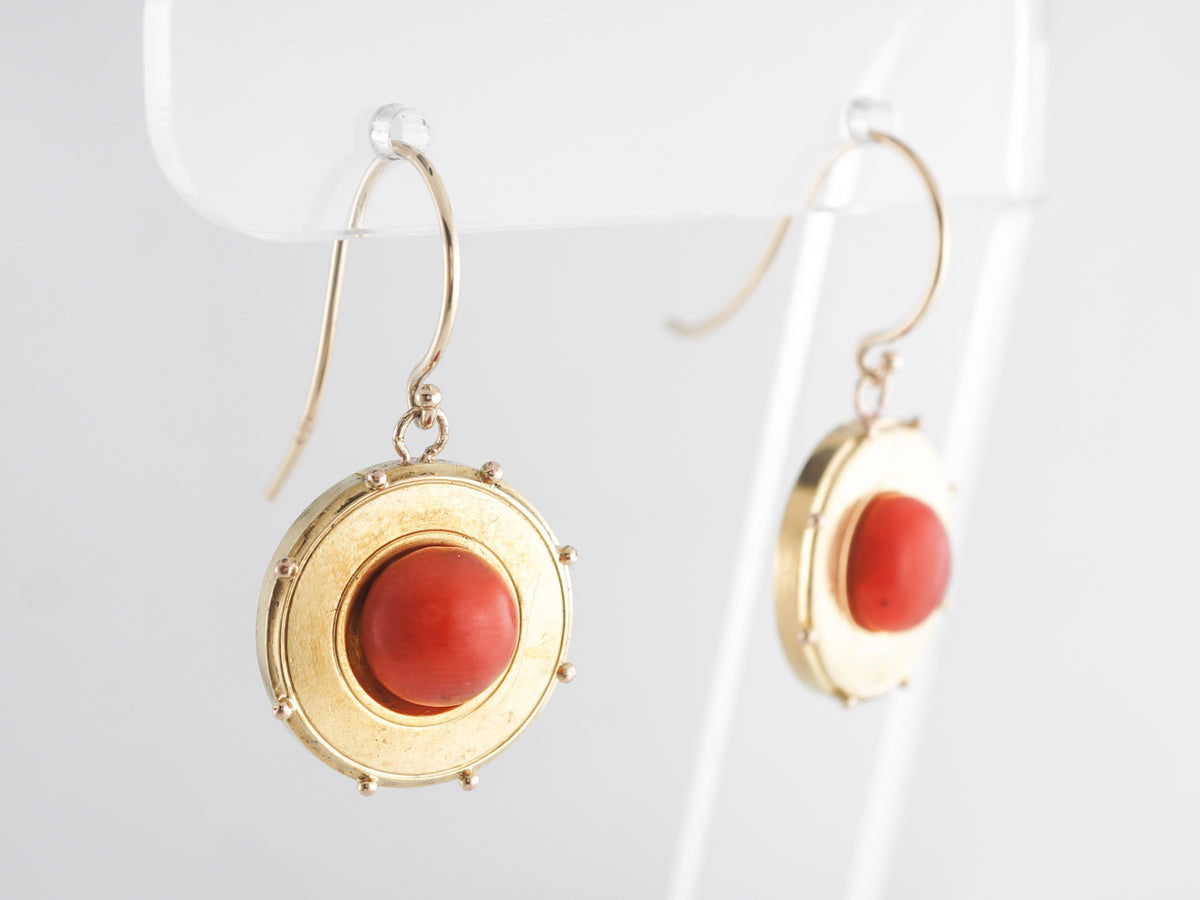 Red Coral Disc Earrings in 14k Yellow Gold