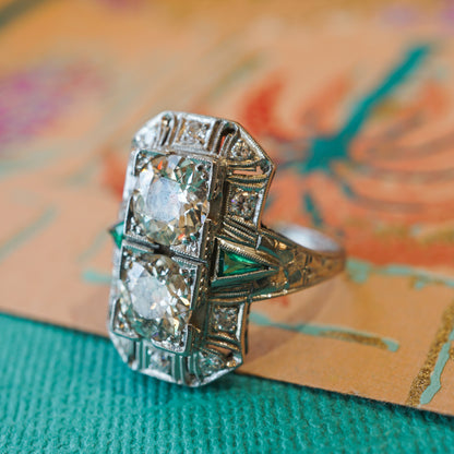 Antique Double Diamond & Emerald Cocktail Ring in Platinum