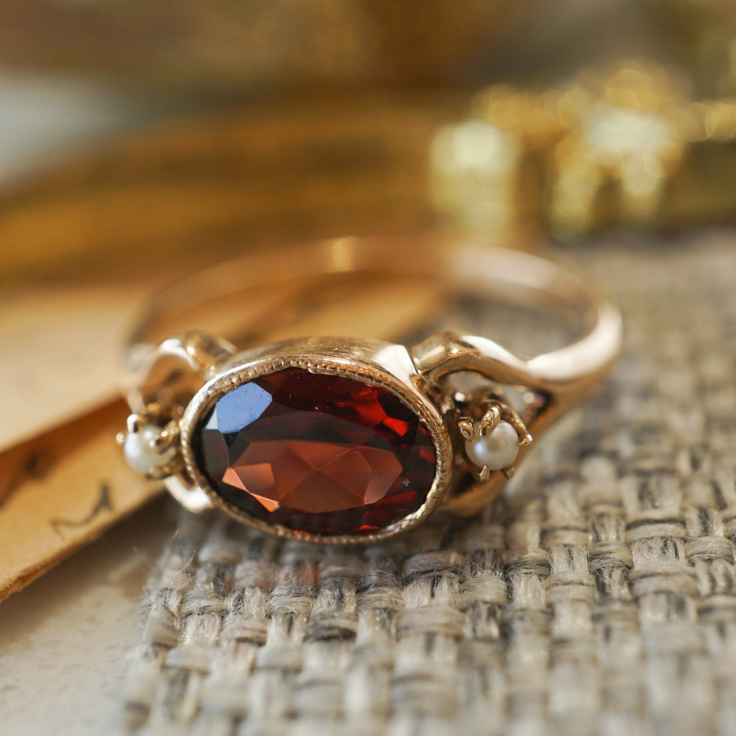 Victorian Garnet & Pearl Ring in 10k Yellow Gold