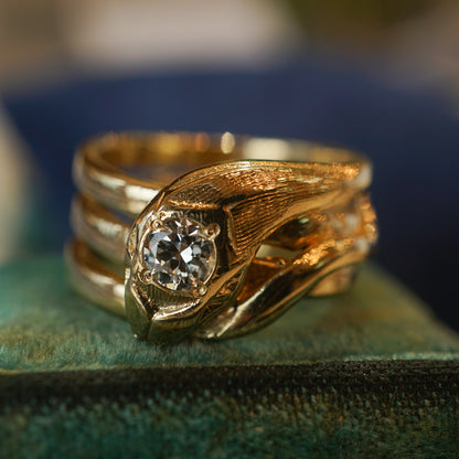 Mid-Century Diamond Head Snake Ring in 14k Yellow Gold