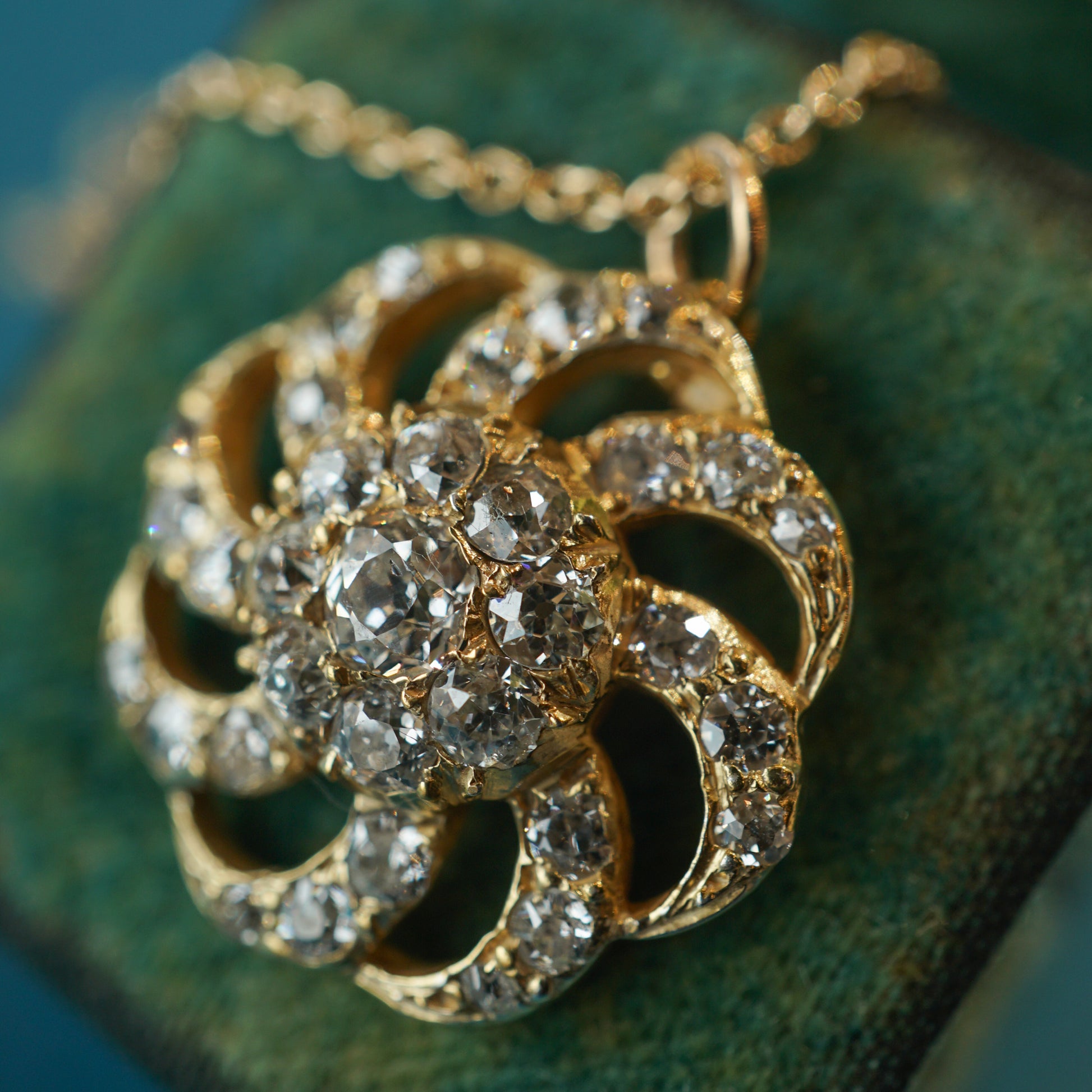 Victorian Diamond Flower Pendant Necklace in 14k Yellow GoldComposition: 14 Karat Yellow GoldTotal Diamond Weight: 2.15 ctTotal Gram Weight: 7.3 gInscription: 14k