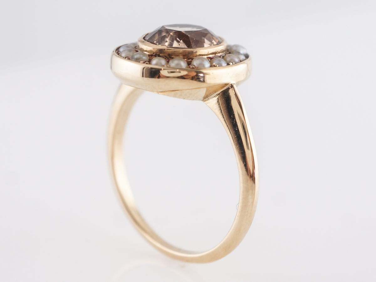 Victorian Topaz and Seed Pearl Cocktail Ring 14k Yellow Gold