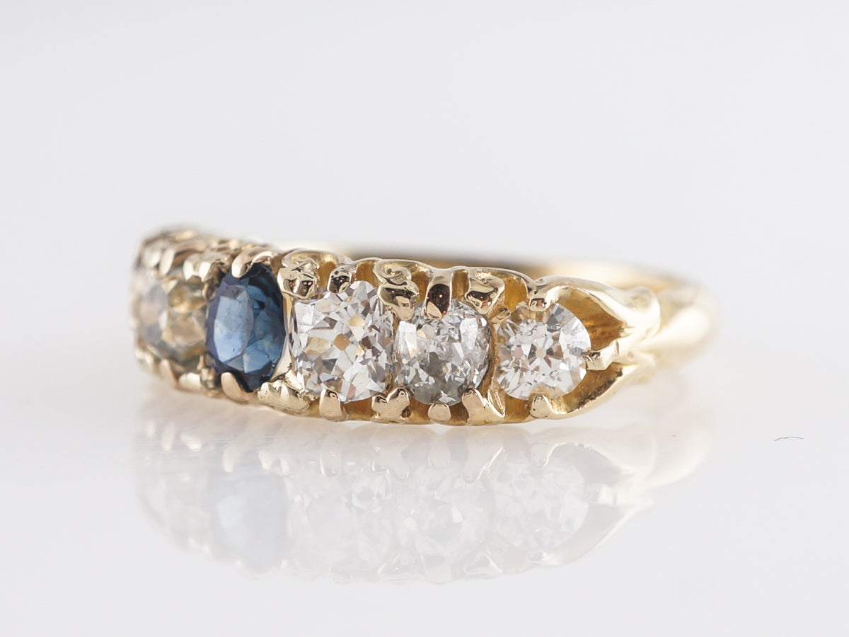 Vintage Victorian Sapphire & Diamond Engagement Ring in 14kComposition: 14 Karat Yellow GoldRing Size: 5.5Total Diamond Weight: 1.26 ctTotal Gram Weight: 2.9 gInscription: MF from JM
