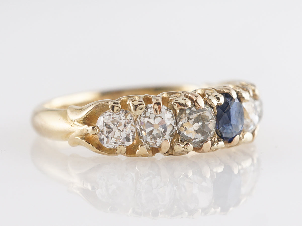 Vintage Victorian Sapphire & Diamond Engagement Ring in 14kComposition: 14 Karat Yellow GoldRing Size: 5.5Total Diamond Weight: 1.26 ctTotal Gram Weight: 2.9 gInscription: MF from JM