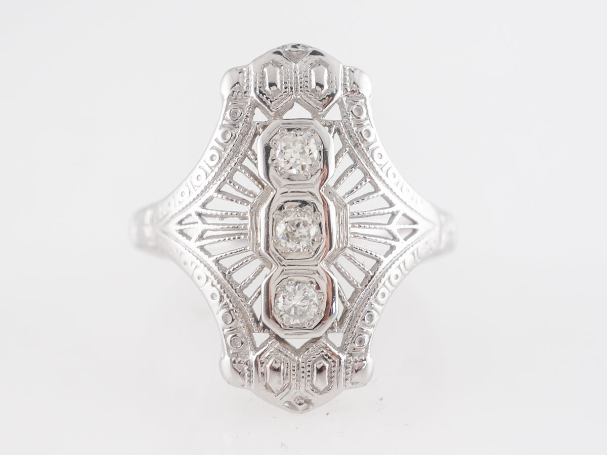 Art Deco Filigree Three Stone Diamond Ring in 18K