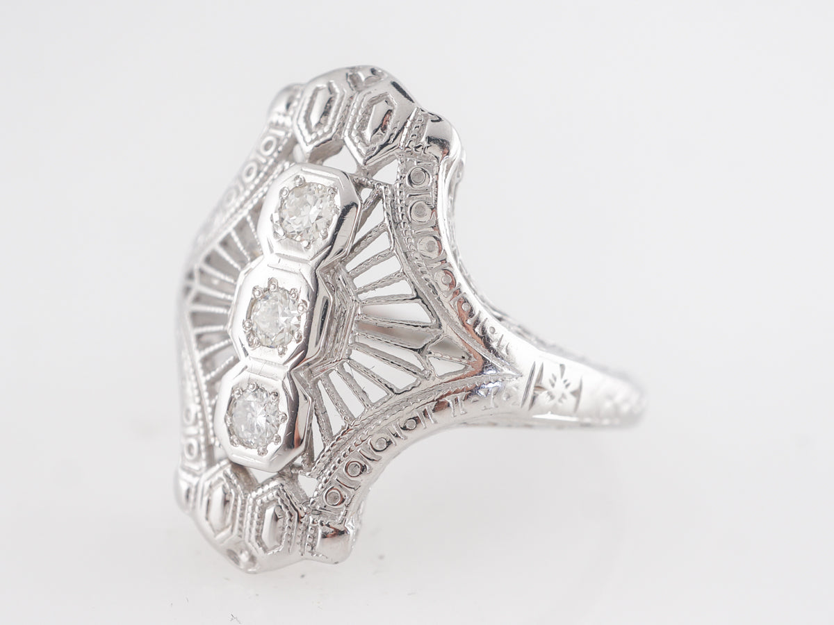 Art Deco Filigree Three Stone Diamond Ring in 18K