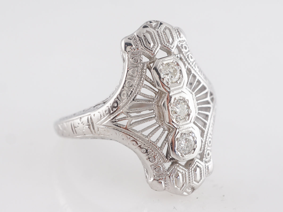 Art Deco Filigree Three Stone Diamond Ring in 18K