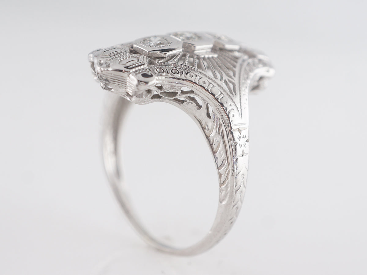 Art Deco Filigree Three Stone Diamond Ring in 18K