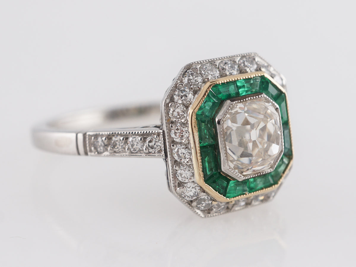 Mid-Century Emerald & Diamond Ring in 18k Yellow Gold and Platinum