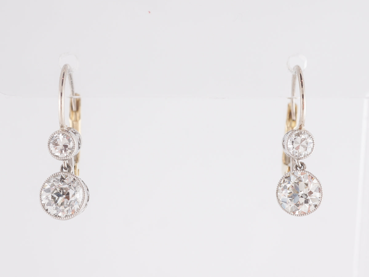 European Cut Diamond Dangle Earrings in Platinum and Yellow Gold