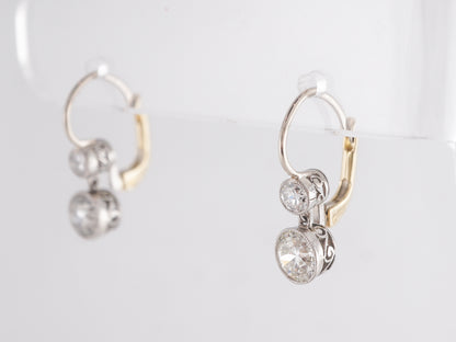 European Cut Diamond Dangle Earrings in Platinum and Yellow Gold