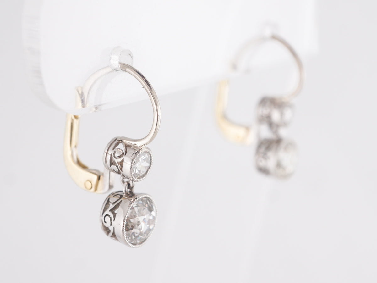 European Cut Diamond Dangle Earrings in Platinum and Yellow Gold