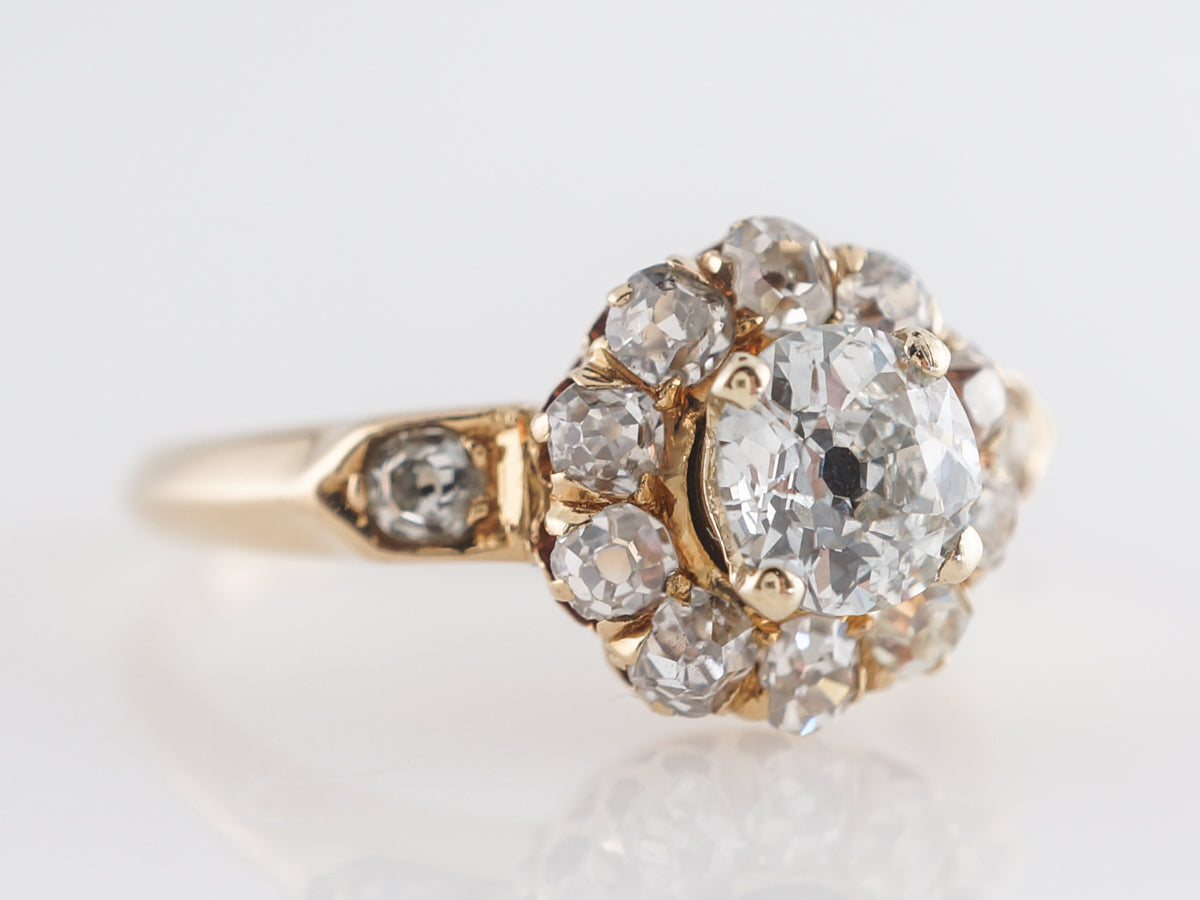 Vintage Mine Cut Halo Diamond Engagement Ring in Yellow Gold