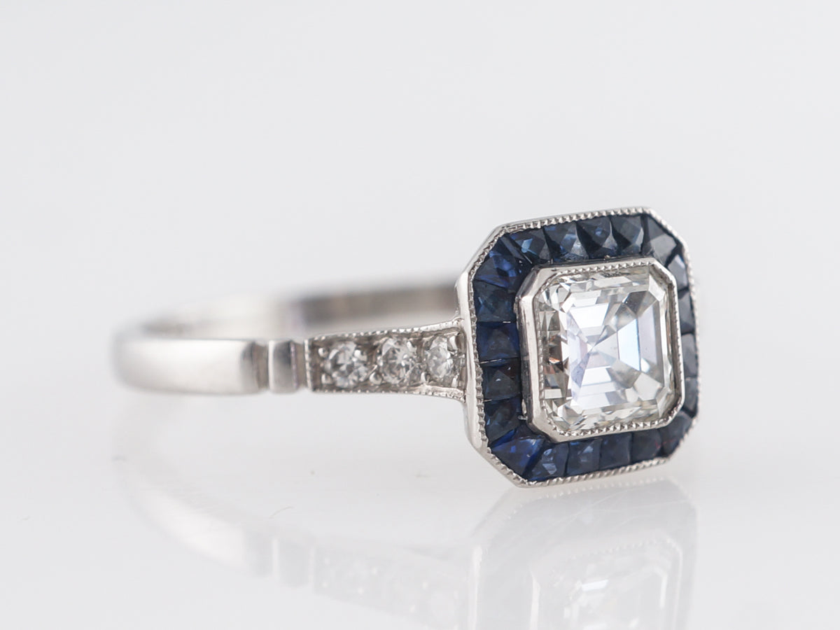 Asscher Cut Diamond & Sapphire Engagement in Platinum