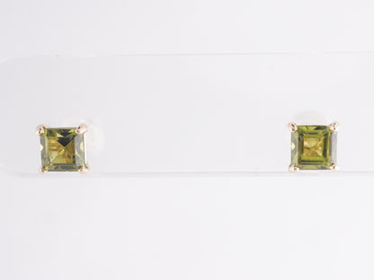 Square Cut Peridot Stud Earrings in 14k Yellow Gold