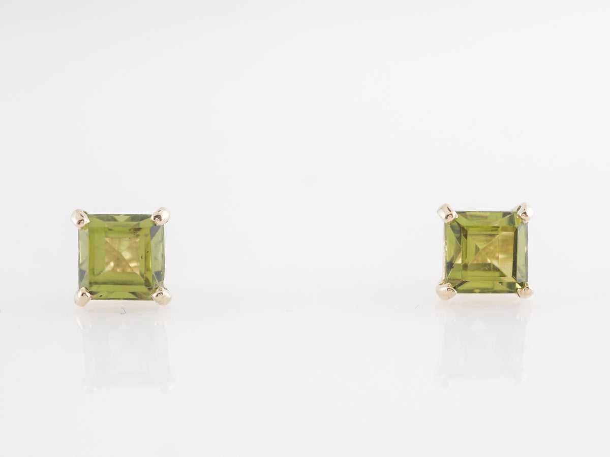 Square Cut Peridot Stud Earrings in 14k Yellow Gold