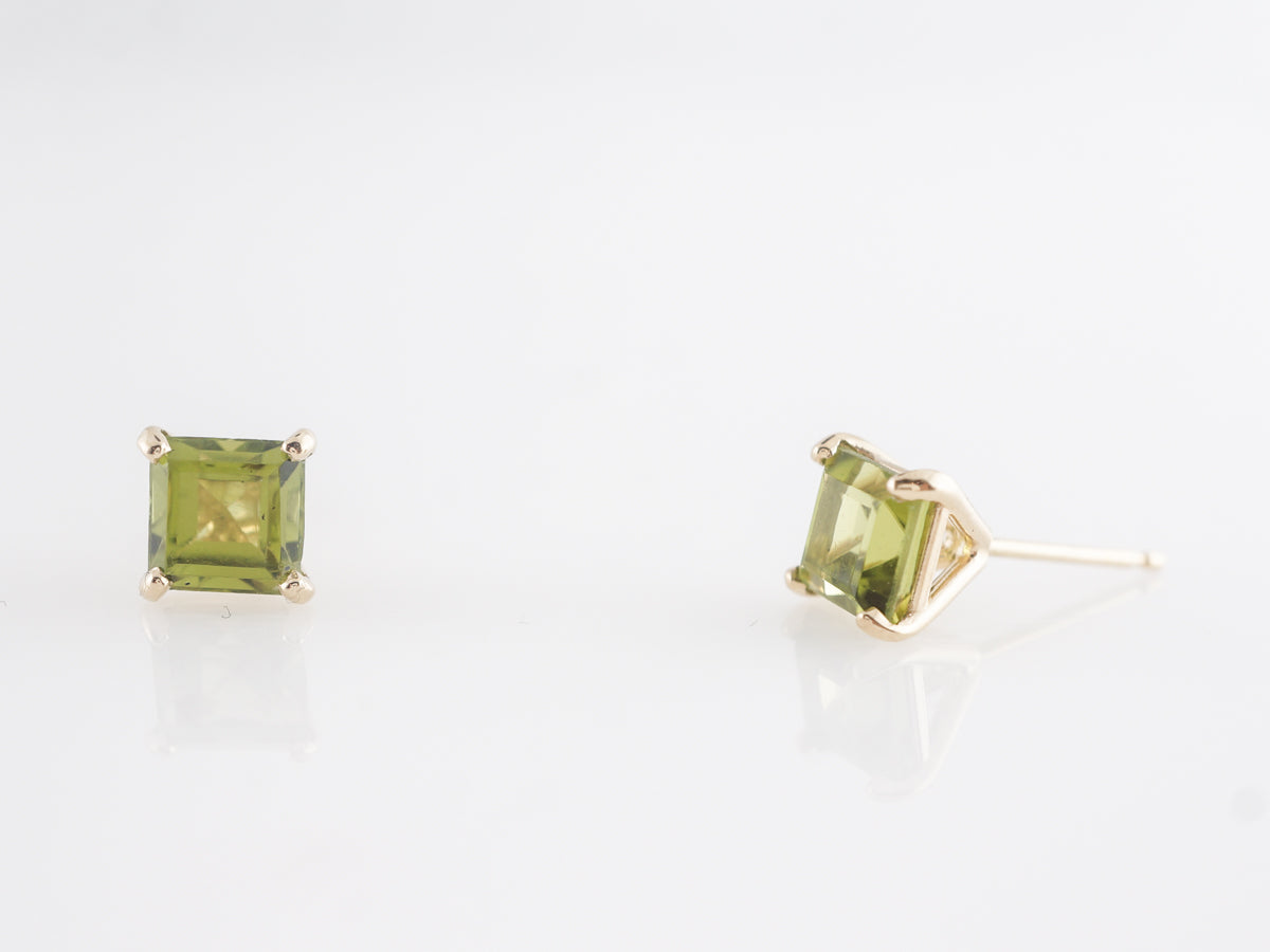 Square Cut Peridot Stud Earrings in 14k Yellow Gold