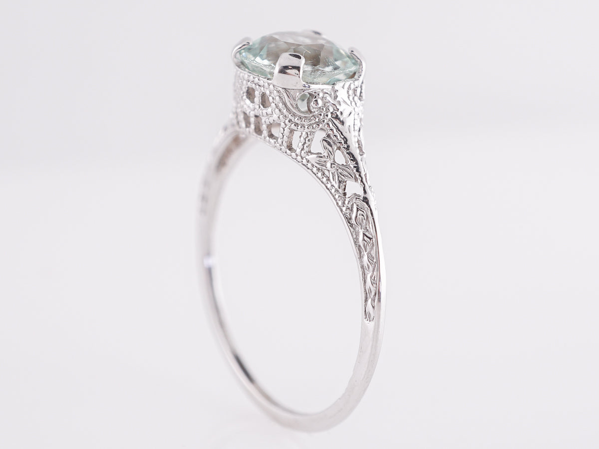 Art Deco Filigree Aquamarine Engagement Ring in White Gold