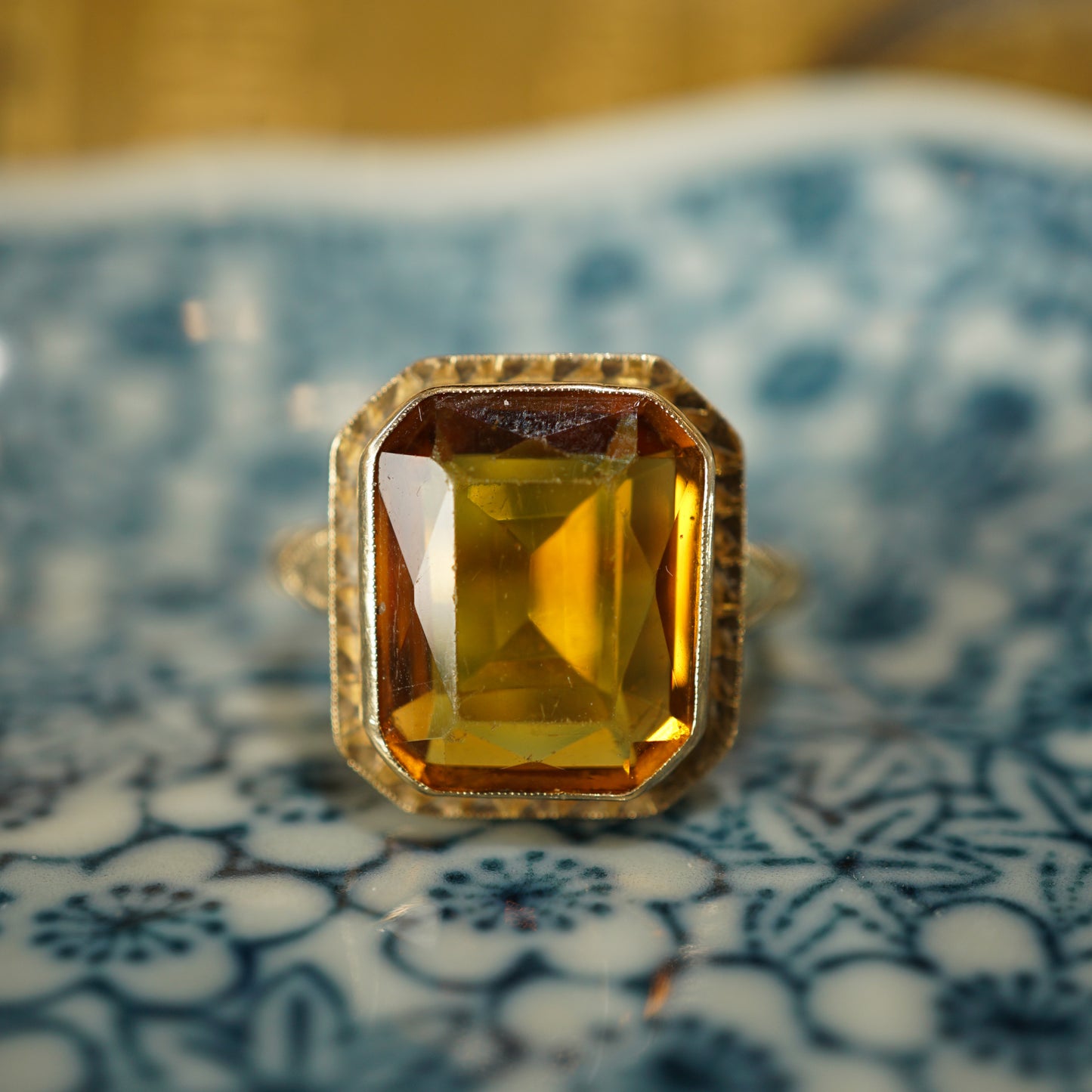Art Deco Citrine Cocktail Ring in 14k Yellow Gold