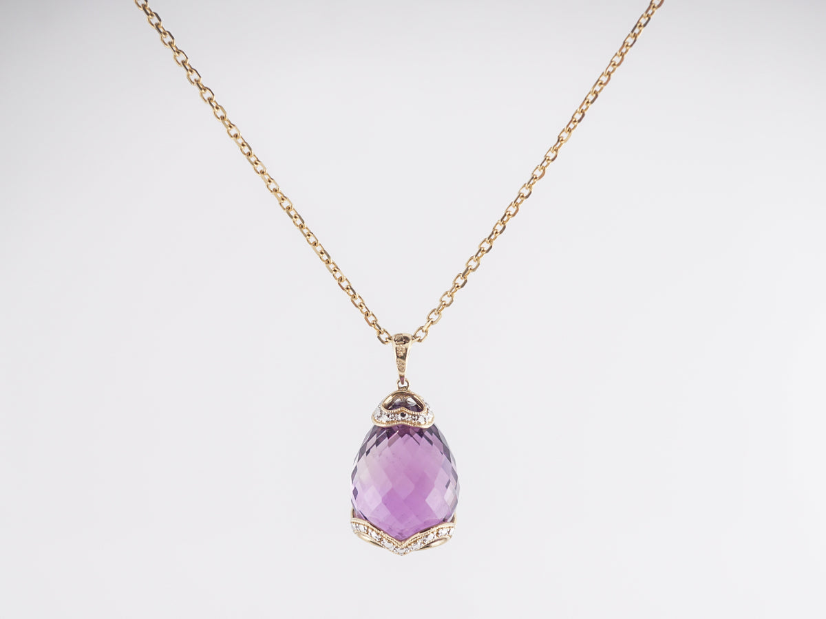 Briolette Cut Amethyst Pendant w/ Diamonds in 14K Yellow Gold