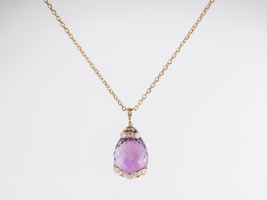 Briolette Cut Amethyst Pendant w/ Diamonds in 14K Yellow Gold