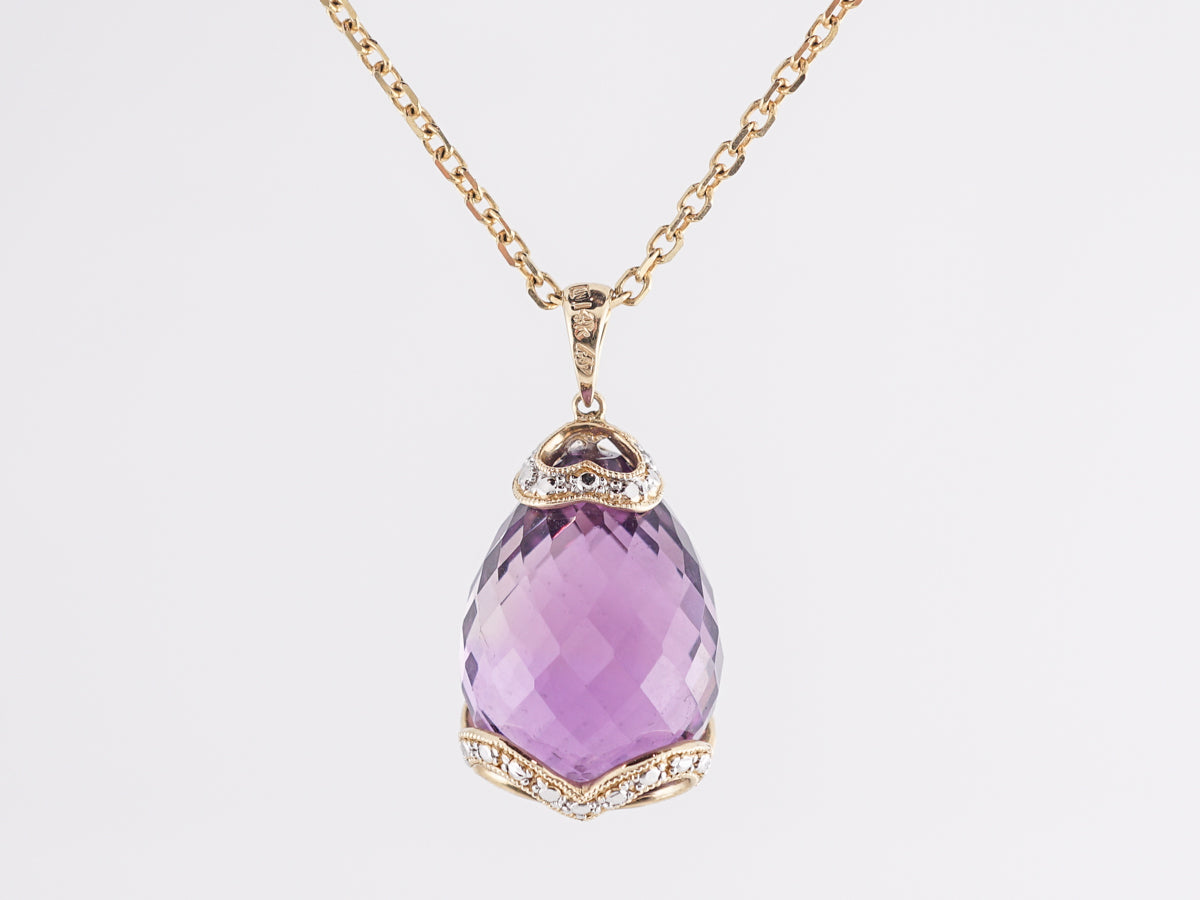 Briolette Cut Amethyst Pendant w/ Diamonds in 14K Yellow Gold