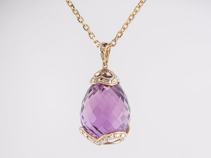 Briolette Cut Amethyst Pendant w/ Diamonds in 14K Yellow Gold