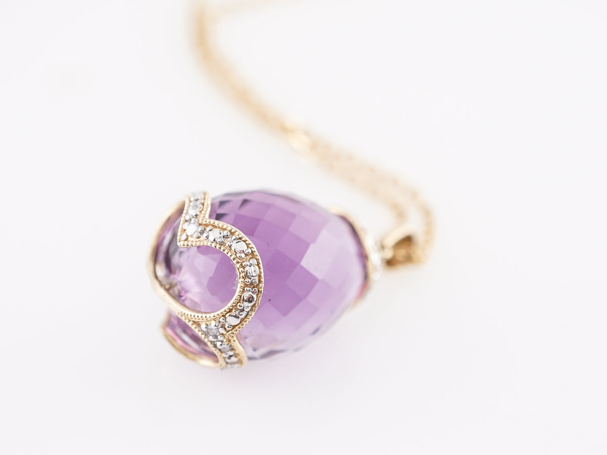 Briolette Cut Amethyst Pendant w/ Diamonds in 14K Yellow Gold