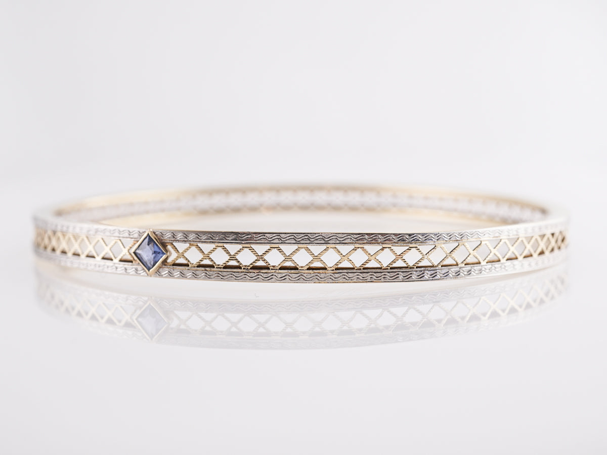 Late Art Deco Sapphire Bangle Bracelet in 14k White & Yellow Gold