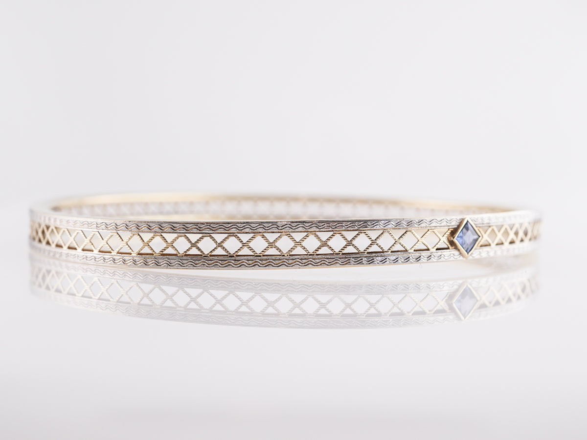 Late Art Deco Sapphire Bangle Bracelet in 14k White & Yellow Gold