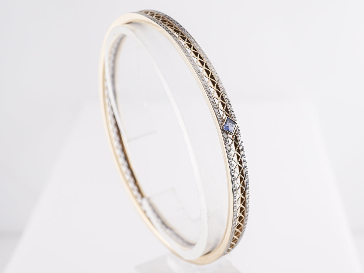 Late Art Deco Sapphire Bangle Bracelet in 14k White & Yellow Gold