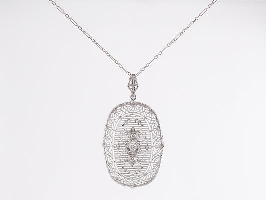 Antique Deco Filigree Pendant Necklace in 14k White Gold