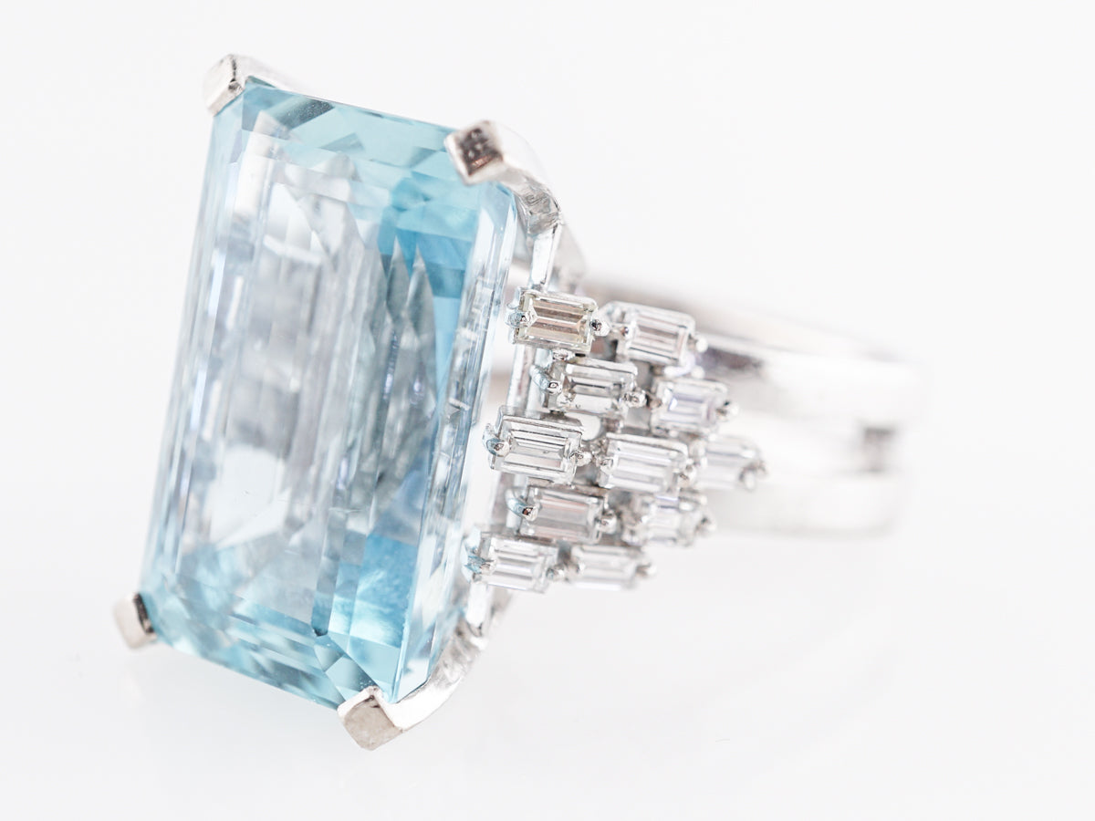 Emerald Cut Aquamarine Ring w/ Baguette Diamonds in 18k